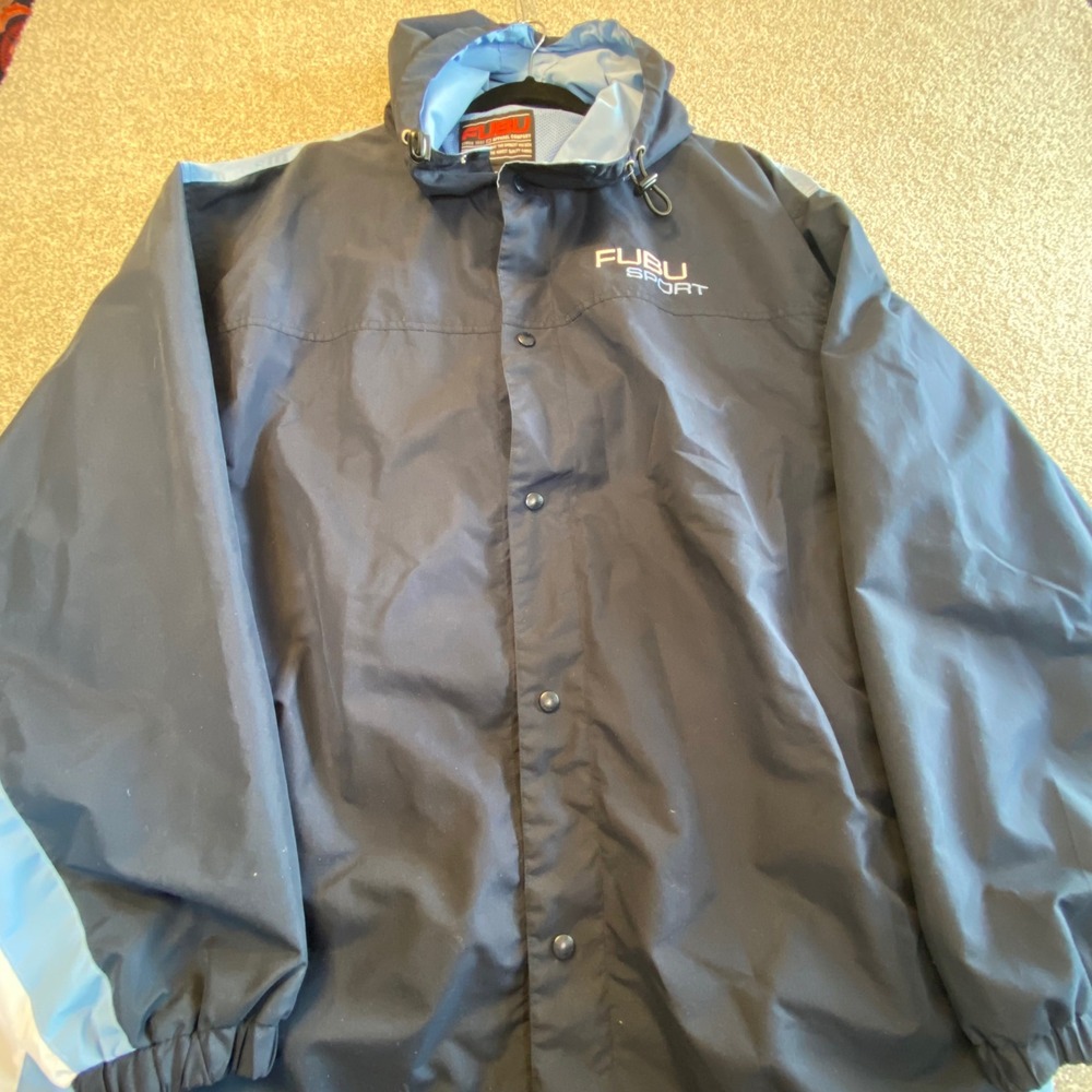 Vintage FUBU Sport Windbreaker‎ Jacket Mens XL Navy Blue Colorblock Hooded 90s
